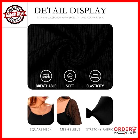 Mesh Long Sleeve Blouse Square Neck Puff Sleeve See-Through Tops - Picture 5 of 7